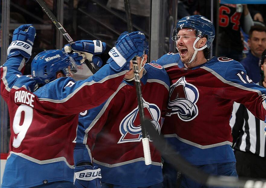 Ryan Johansen of the Colorado Avalanche (far right) celebrates his second goal of the game against the Vancouver Canucks in Denver on Tuesday night. Colorado would defeat Vancouver 3-1. Colorado Avalance photo