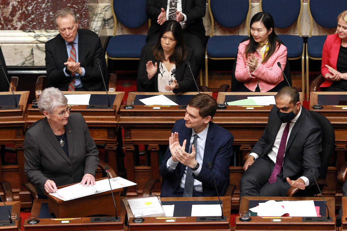 Minister of Finance Katrine Conroy, here seen in February 2023 tabling her first budget, says tomorrow’s budget will target middle-class British Columbians, but the political opposition questions the direction. (THE CANADIAN PRESS/Chad Hipolito)