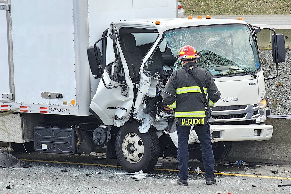 A four-vehicle crash tied up traffic for more than an hour on Hwy 1 through Aldergrove and Langley on Monday, Feb. 19. Crashes along that stretch of the highway have doubled. (Dan Ferguson/Langley Advance Times)
