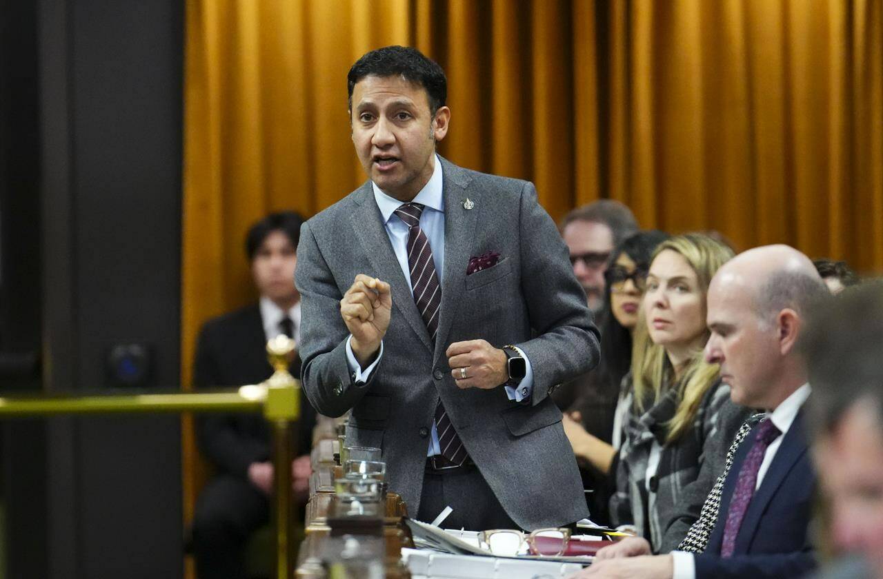 Justice Minister Arif Virani says the government will spends hundreds of thousands of dollars to expand a legal advice hotline for war-displaced Ukrainians in Canada to help them understand their rights and navigate the immigration system. Virani rises during question period in the House of Commons on Parliament Hill in Ottawa on Monday, Feb. 12, 2024. THE CANADIAN PRESS/Sean Kilpatrick