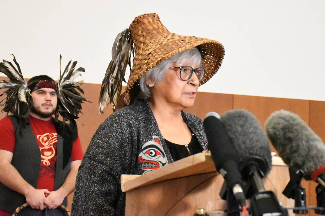 Matsqui First Nation Chief Alice McKay speaks Wednesday morning (Feb. 21) at a press conference at the band’s community centre. (Ryleigh Mulvihill/Abbotsford News)