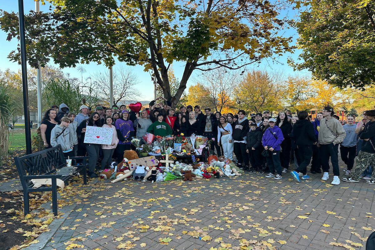 Friends and family gather at Ben Lee Park for a vigil for 15-year-old Tristan Seeger who was stuck and killed by a vehicle on Oct. 21. The incident is being investigated as a homicide. (Brittany Webster/Black Press Media)