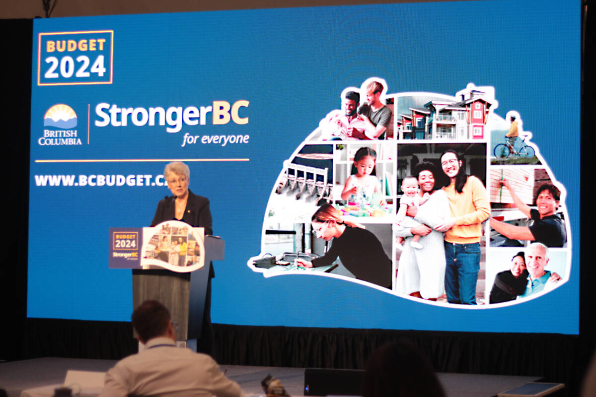 B.C.’s Finance Minister Katrine Conroy speaks during budget lockup in Victoria on Thursday (Feb. 22, 2024). (Lauren Collins)