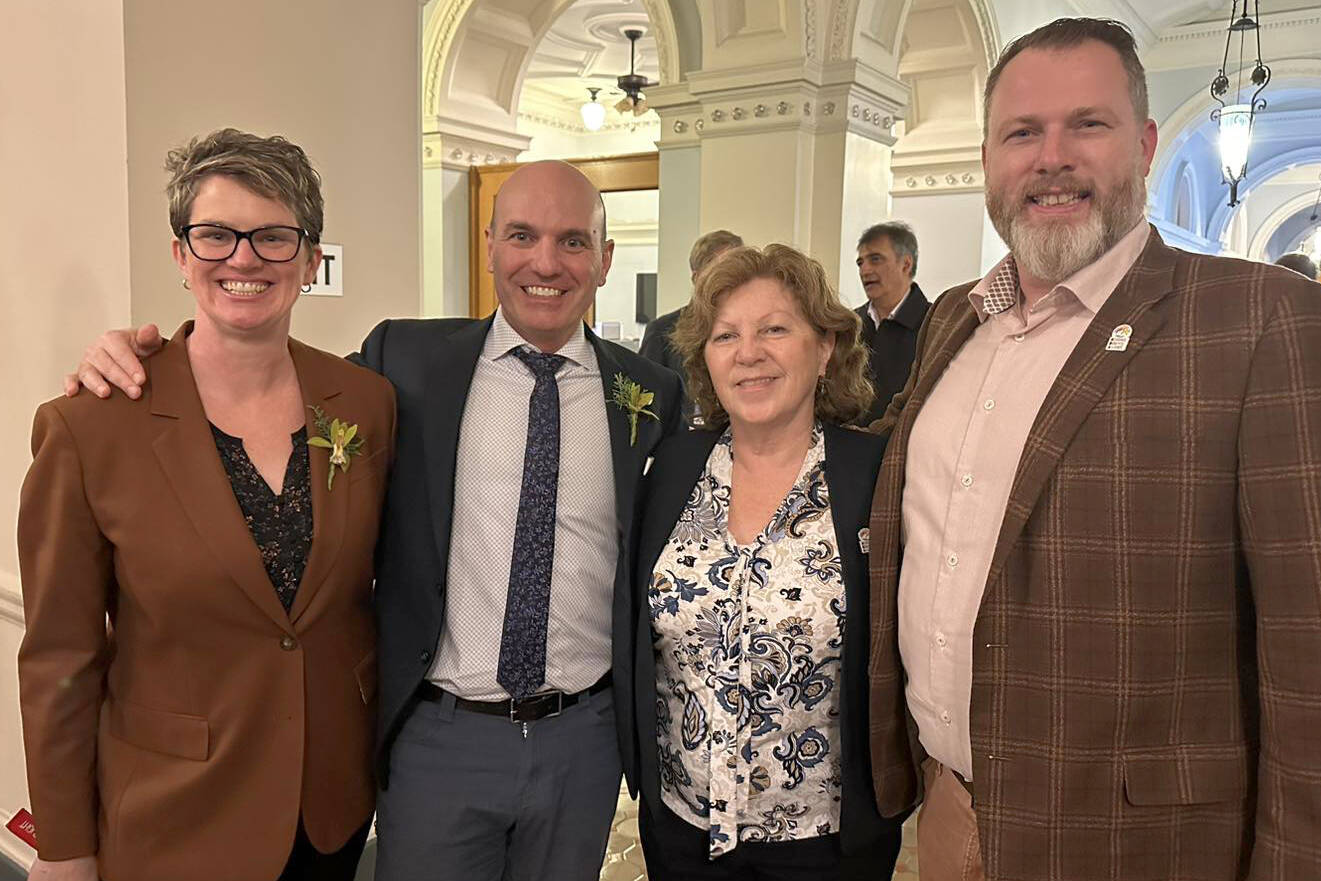 North Coast MLA Jennifer Rice, left, Stikine MLA Nathan Cullen join RBA Steering Committee members Smithers Mayor Gladys Atrill and Terrace Mayor Sean Bujtas in Victoria for the B.C. Government’s 2024 budget announcement. (Contributed photo)