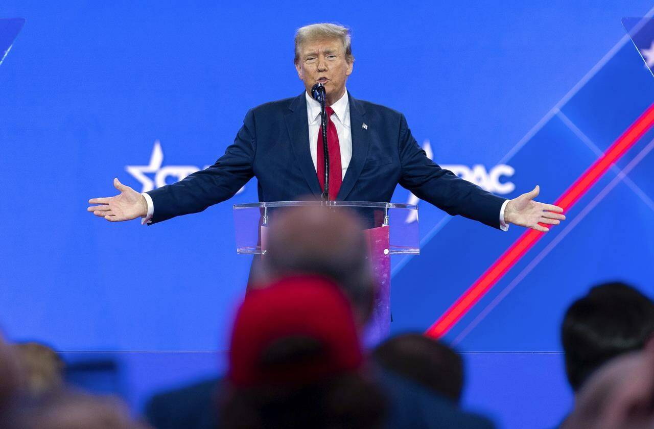 Republican presidential candidate former President Donald Trump speaks during the Conservative Political Action Conference, CPAC 2024, at the National Harbor, in Oxon Hill, Md., Saturday, Feb. 24, 2024. (AP Photo/Jose Luis Magana)