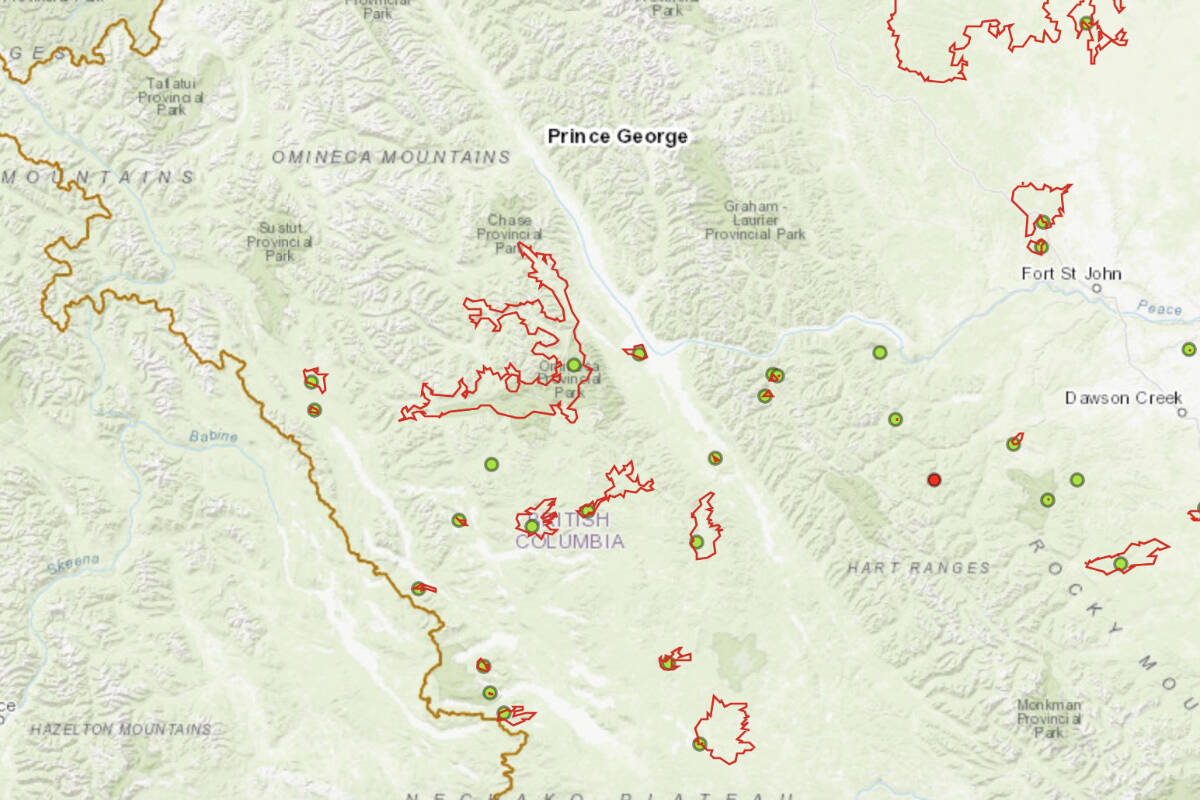 A map from BC Wildfire Service shows some of the 92 fires actively burning throughout the province as of Feb, 25. 2024, including an out-of-control one near Chetwynd, marked by a red dot. (BC Wildfire Service)