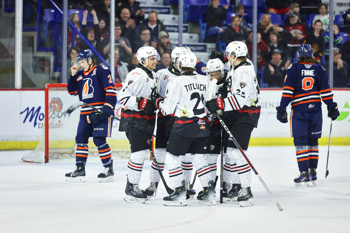 Cameron Schmidt’s hat-trick led the way for the Vancouver Giants on Saturday night, Feb. 24, in a 7-1 win over the Kamloops Blazers in front of more than 4,200 fans at the Langley Events Centre. (Rob Wilton/Special to Langley Advance Times)