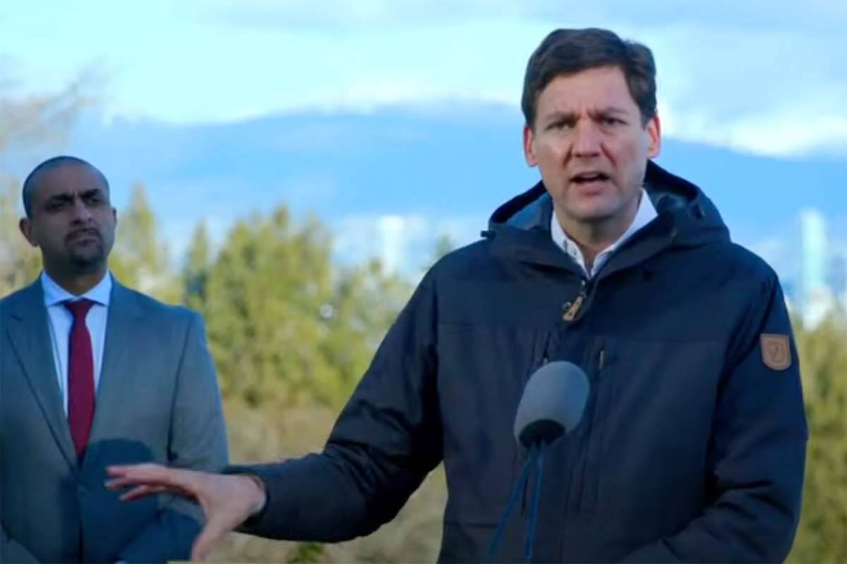 Premier David Eby, here seen with Housing Minister Ravi Kahlon Monday in Vancouver, says a new flipping tax will give a families a “leg up” in the search for housing. (Screencap)