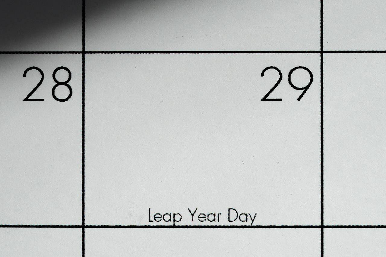 February, 29, otherwise know as leap year day, is shown on a calendar Sunday, Feb. 25, 2024, in Overland Park, Kan. THE CANADIAN PRESS/AP-Charlie Riedel