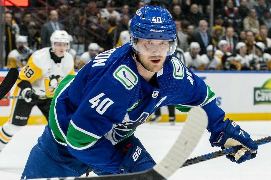 Elias Pettersson of the Canucks in action against the Penguins Tuesday night at Rogers Arena in Vancouver. Pittsburgh would defeat Vancouver 3-2 in overtime. Vancouver Canucks photo