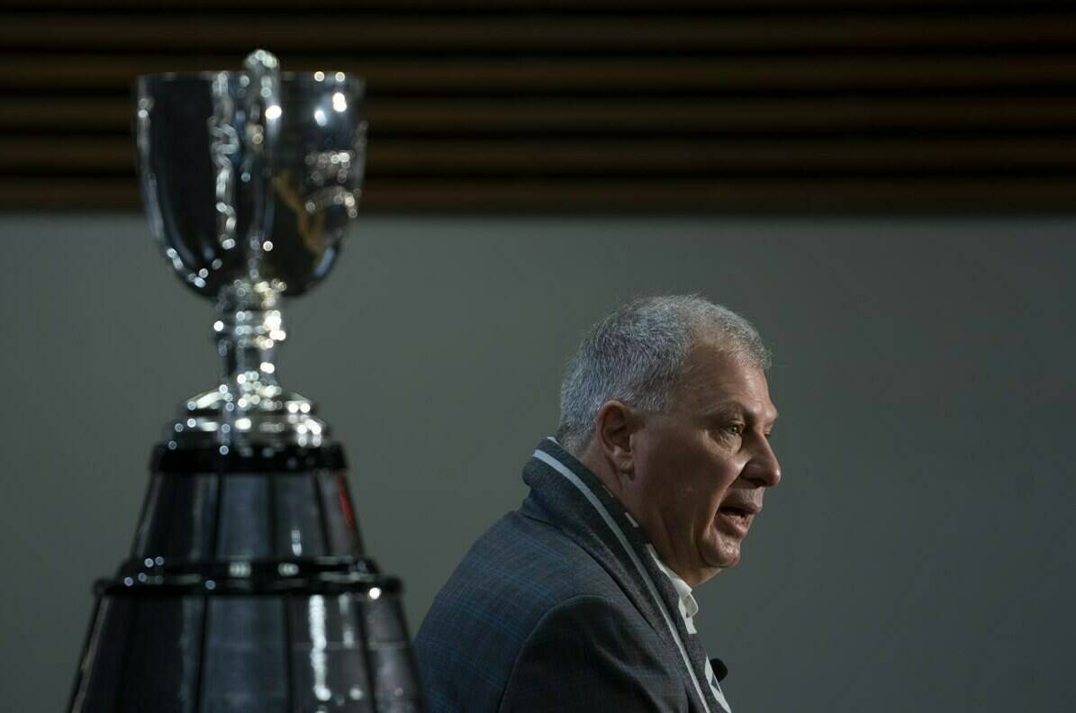 CFL Commissioner Randy Ambrosie delivers his annual state of the league address at a media conference in Hamilton, Ont. on Tuesday, November 14, 2023. THE CANADIAN PRESS/Peter Power