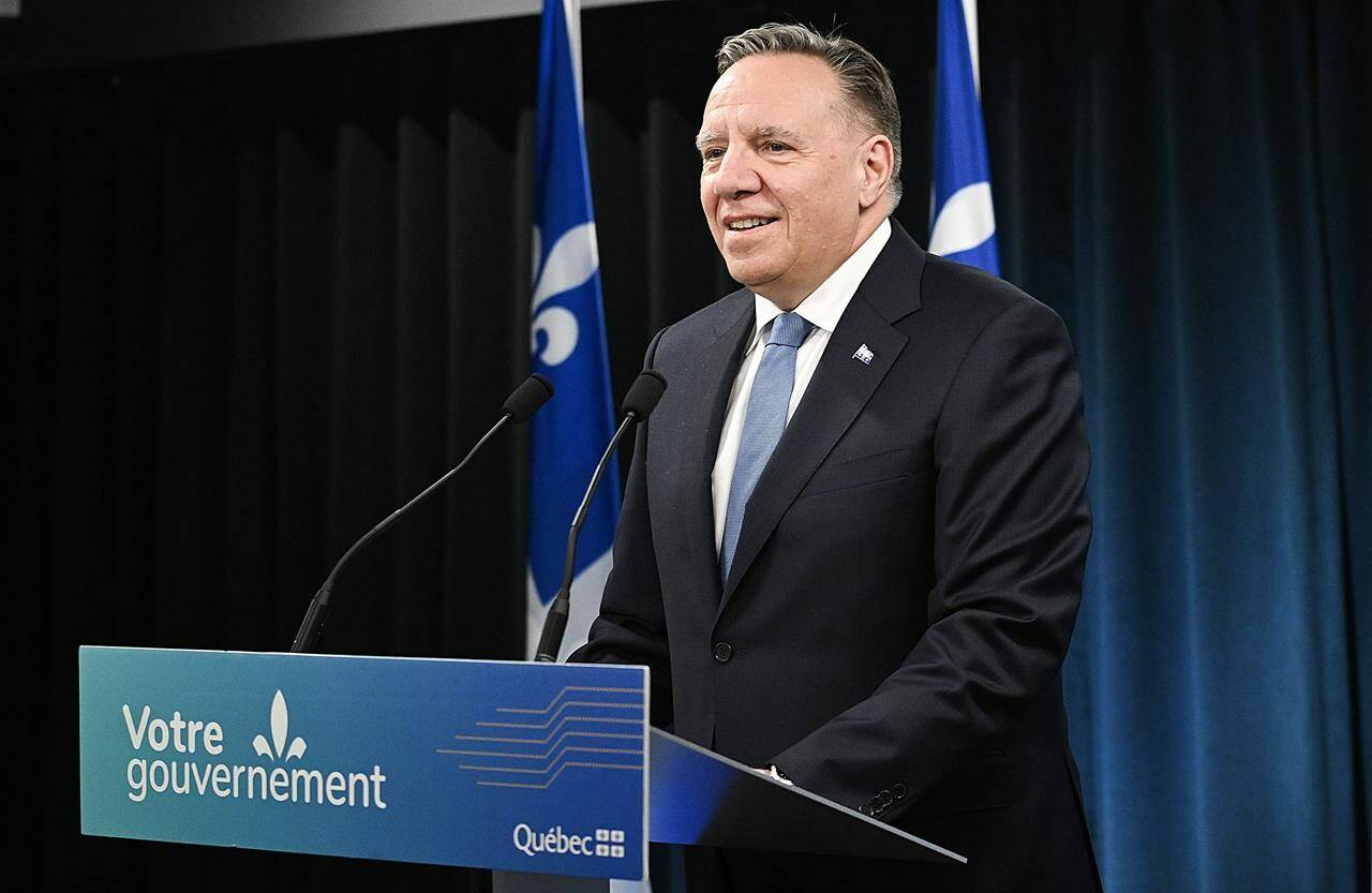 Quebec Premier Francois Legault speaks to the media in Montreal, Thursday, Feb. 29, 2024, where he gave his reaction to the Quebec Court of Appeal’s decision on the province’s secularism law, known as Bill 21. THE CANADIAN PRESS/Graham Hughes