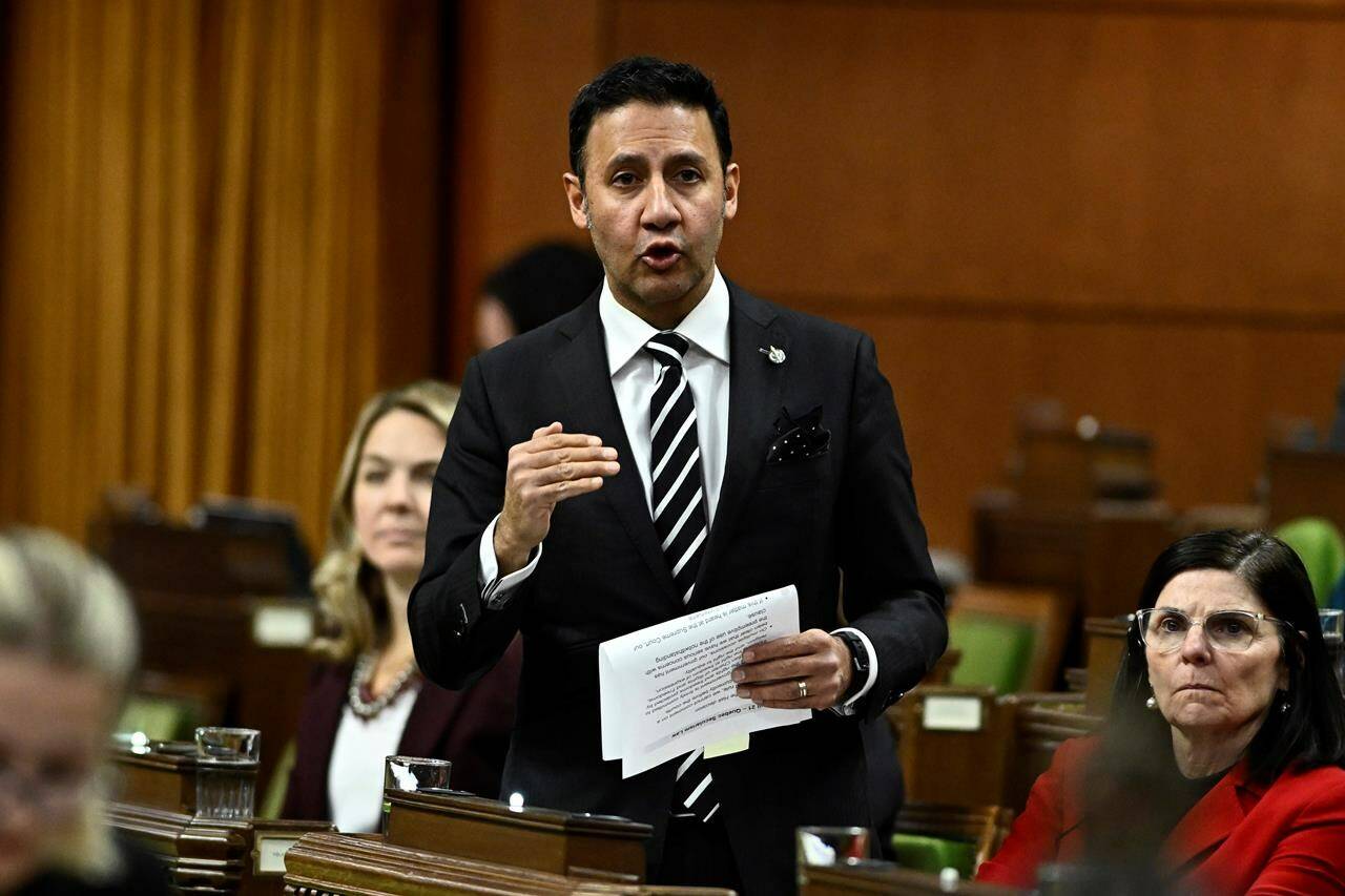 Minister of Justice and Attorney General of Canada Arif Virani rises during Question Period in the House of Commons on Parliament Hill in Ottawa on Thursday, Feb. 29, 2024. Virani says allowing a judge to to restrict an individual’s movement based on fears of potentially committing a hate crime would only happen after a series of steps. THE CANADIAN PRESS/Justin Tang