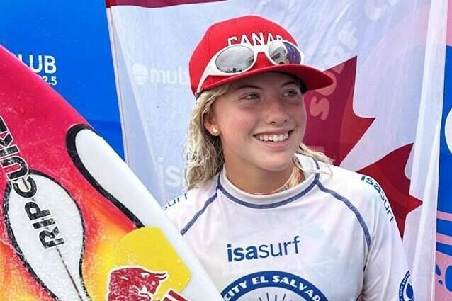 After winning her battle for Canadian citizenship earlier this year, teenage surfer Erin Brooks won’t be wearing the Maple Leaf at the Paris Olympics. Brooks is shown June 7, 2023, at the ISA World Surfing Games in Surf City, El Salvador. THE CANADIAN PRESS/HO-Surf Canada-Dom Domic **MANDATORY CREDIT**