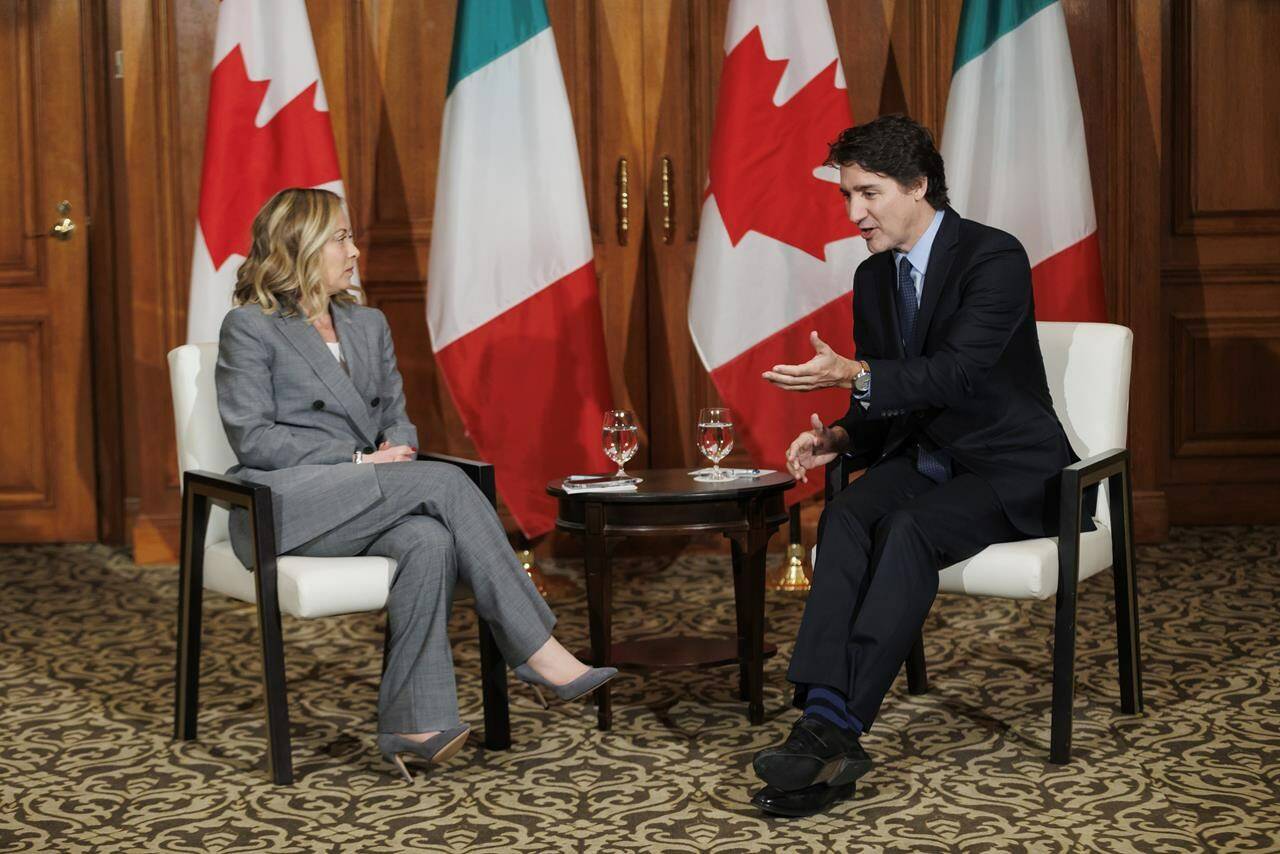 Canadian Prime Minister Justin Trudeau, right, meets with Prime Minister of Italy Giorgia Meloni in Toronto on Saturday, Mar. 2, 2024. In a joint statement, the two prime ministers say the agreement will further deepen their countries’ political, economic, and strategic ties by setting out plans to collaborate over the next three to five years in priority areas. THE CANADIAN PRESS/Cole Burston
