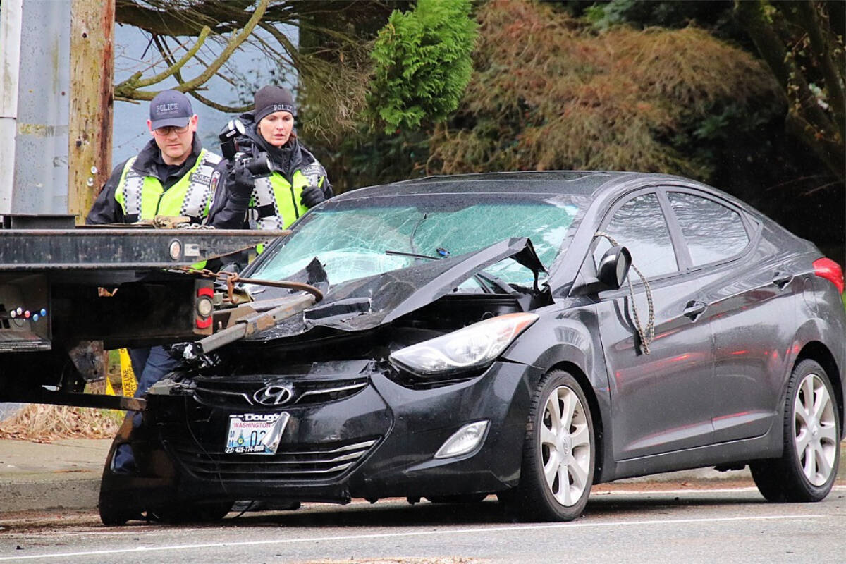 A March 3, 2024 crash in the 4200-block of Imperial Street in Burnaby sent two people to hospital, one of them in critical condition. (Credit: Shane MacKichan)