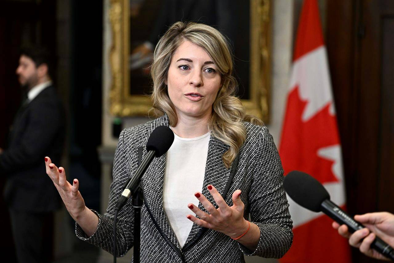 Canadian Foreign Affairs Minister Melanie Joly has announced another round of sanctions against the Russian government, which she says are in response to last month’s death of Russian opposition leader Alexei Navalny and Russia’s “continued gross and systematic violations of human rights.” Joly speaks to media in the Foyer of the House of Commons on Parliament Hill in Ottawa, Friday, March 1, 2024. THE CANADIAN PRESS/Justin Tang