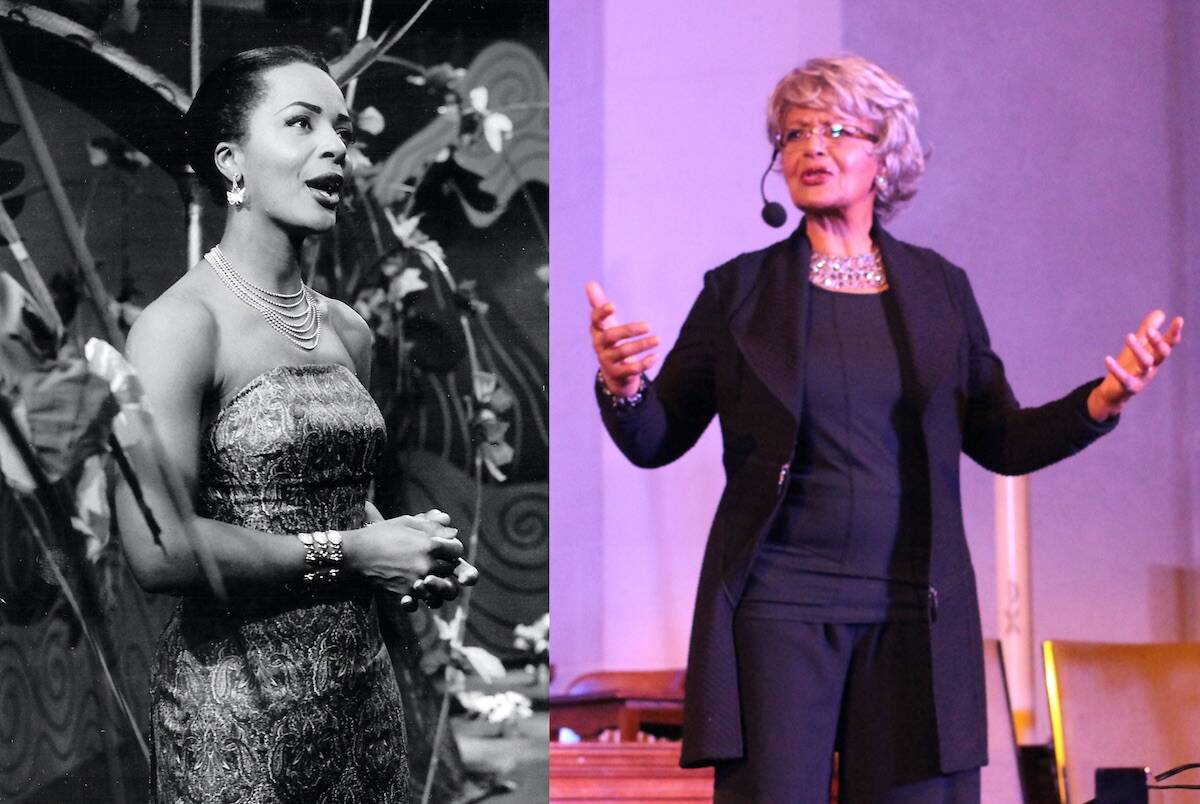 Jazz singer Eleanor Collins on television in 1955, left, and on a Vancouver concert stage in 2013. The Surrey resident died Sunday, March 5, 2024, in hospital at age 104. (Contributed photos)