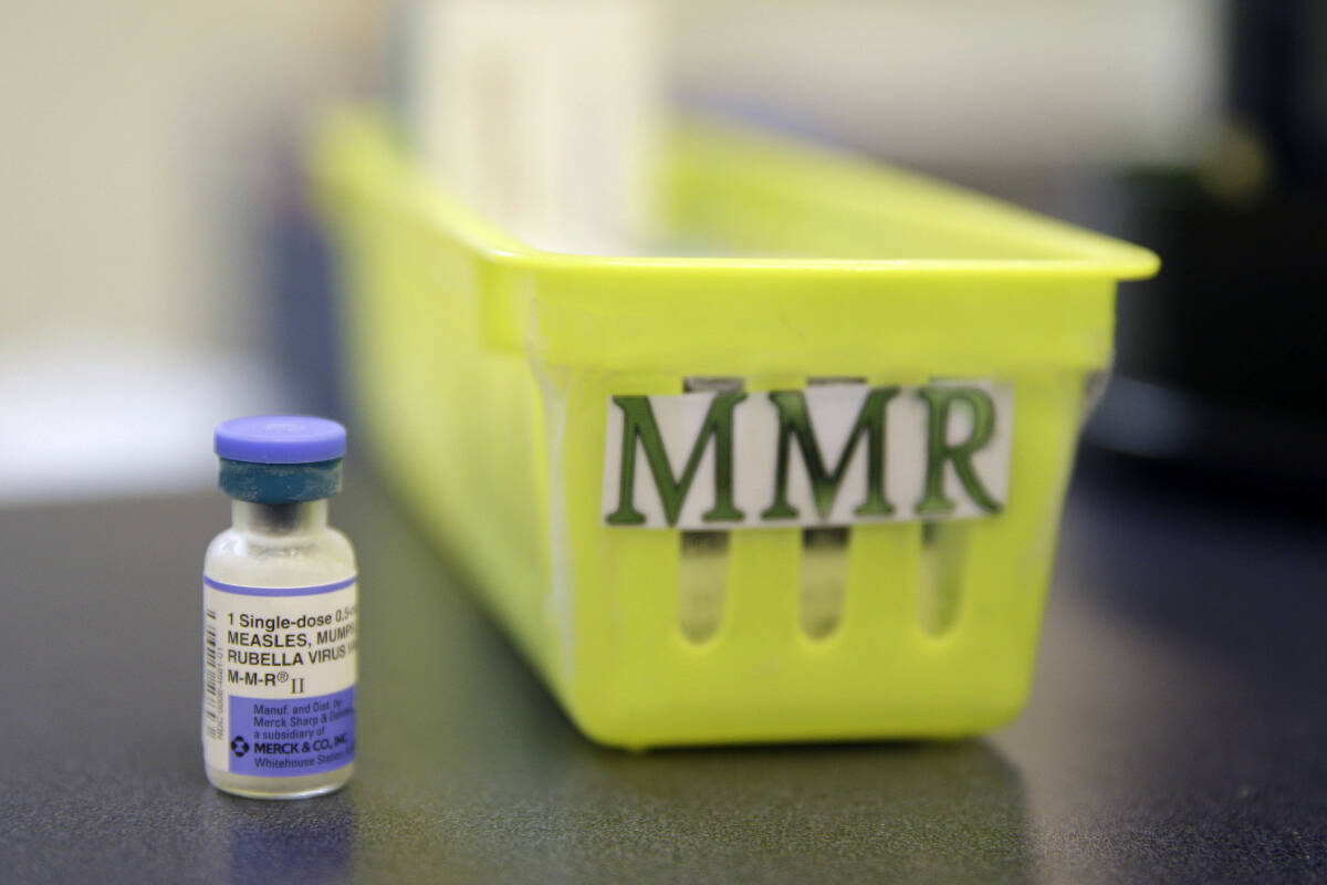 A measles, mumps and rubella vaccine is shown on a countertop at a pediatric clinic in Greenbrae, Calif. on Feb. 6, 2015. THE CANADIAN PRESS/AP, Eric Risberg