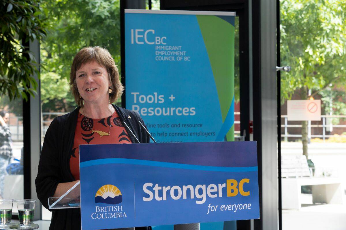 Sheila Malcolmson, here seen in July 2023 in Surrey, said new poverty goals tabled Tuesday are “both ambitious and realistic.” (Anna Burns/Surrey Now-Leader)