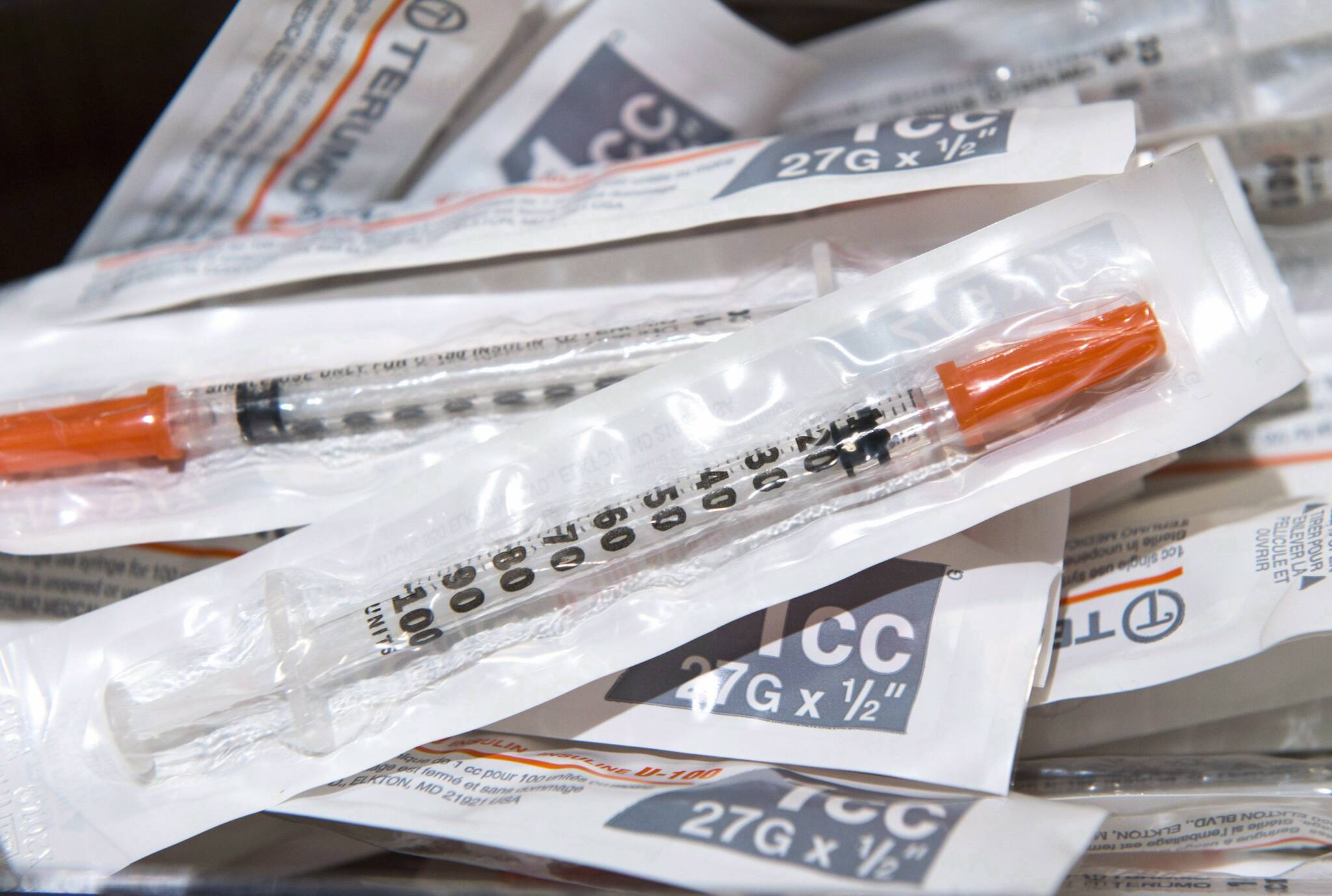 Syringes are seen at a safe injection site Monday, June 26, 2017 in Montreal. THE CANADIAN PRESS/Paul Chiasson