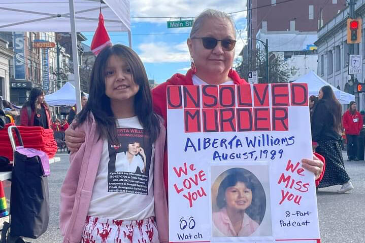Claudia Williams with her granddaughter Keesha Williams at the Women’s Memorial March in downtown Vancouver on Feb. 14 to honour missing and murdered Indigenous women, girls and two spirit (MMIWG2S). Claudia’s sister Alberta’s murder is still unsolved after she went missing in Prince Rupert over 34 years ago. (Contributed/Claudia Williams)