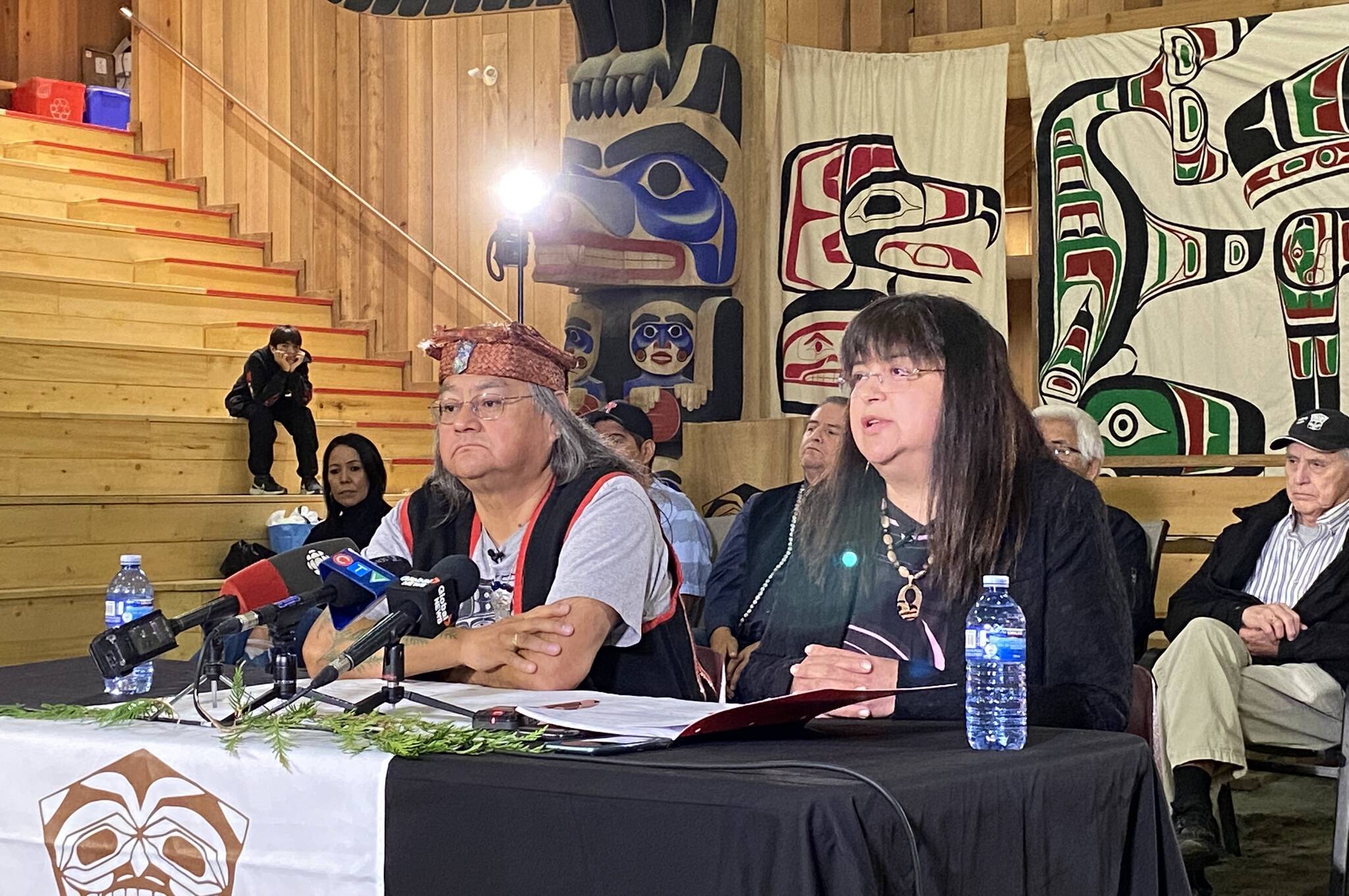 Heiltsuk First Nation man Maxwell Johnson and elected Chief Marilyn Slett at a news conference on Monday, Oct. 24, 2022. (Jane Skrypnek/Black Press Media)