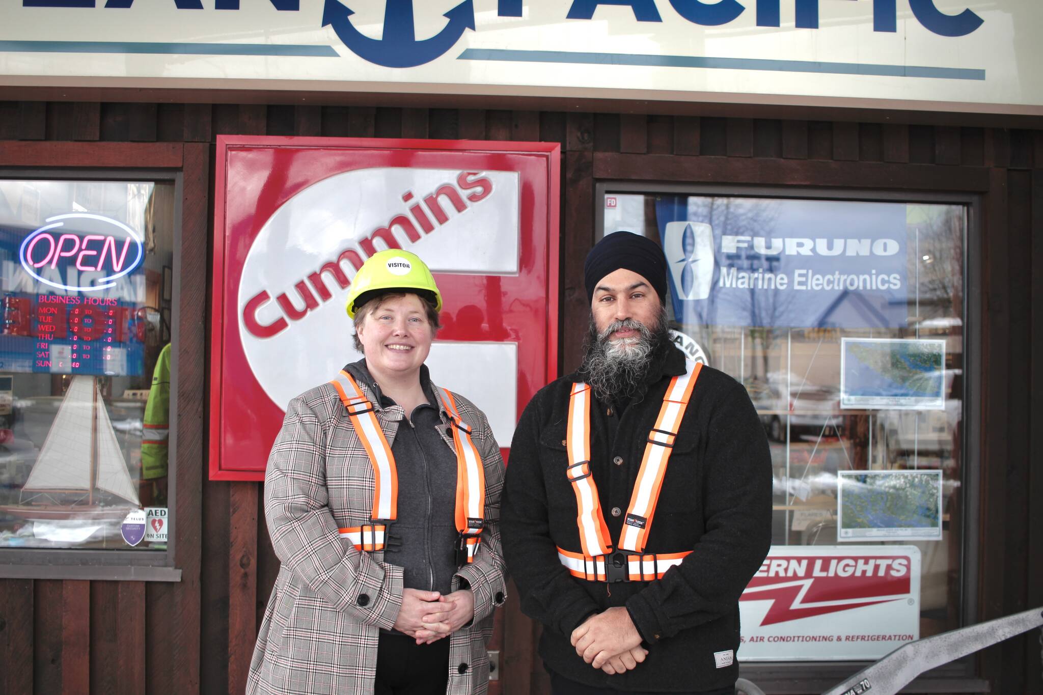 North Island-Powell River MP Rachel Blaney and NDP Leader Jagmeet Singh toured a Campbell River boatyard business on March 5, 2024. Photo by Marc Kitteringham/Campbell River Mirror