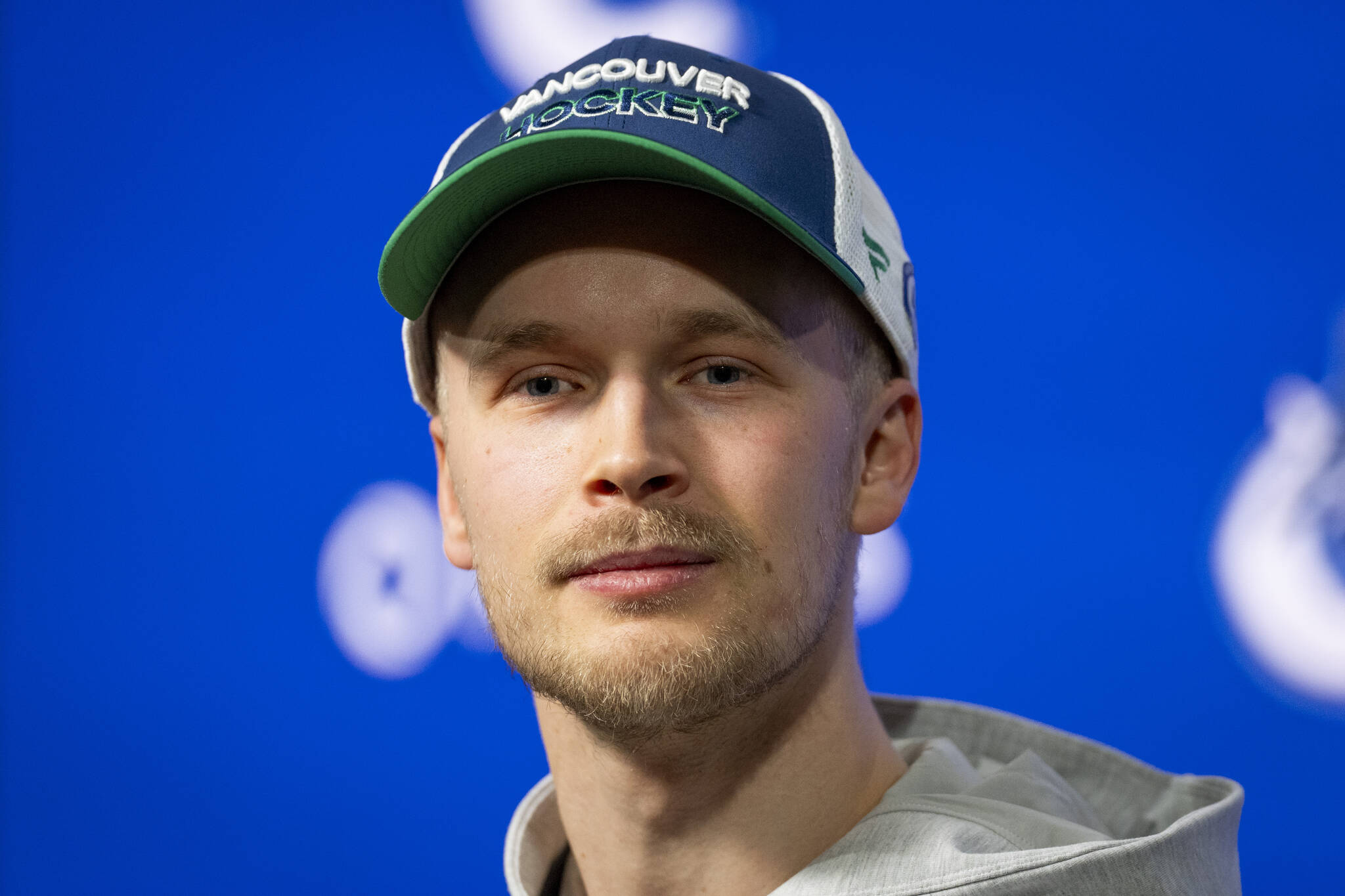 Vancouver Canucks’ Elias Pettersson attends a news conference regarding his eight year contract extension with the team in Vancouver, on Saturday, Mar. 2, 2024. THE CANADIAN PRESS/Ethan Cairns