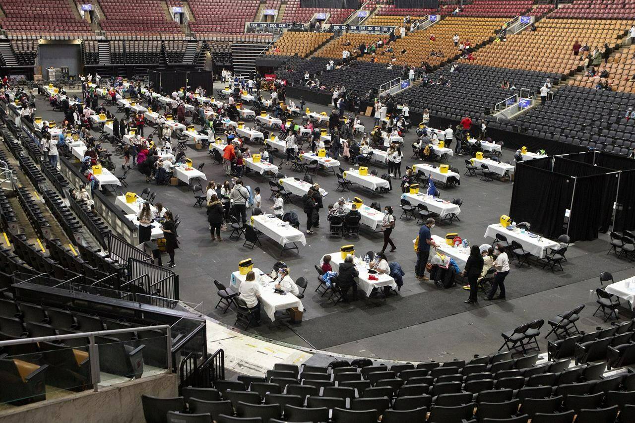 A general view of the children’s COVID-19 vaccine clinic at the Scotiabank Arena in Toronto on Sunday, December 12, 2021.A new non-profit group called the Canadian Covid Society launched Wednesday. The founders are two ER doctors, an engineer, a physicist and a governance expert. THE CANADIAN PRESS/Chris Young