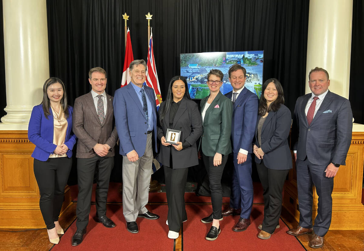 From left to right: Anne Kang, Minister of Municipal Affairs, Skeena Bulkley Valley MP Taylor Bachrach, Prince Rupert Mayor Herb Pond, Minister of Tourism Soraya Martinez Ferrada, North Coast MLA Jennifer Rice, Minister of Transportation and Infrastructure Rob Fleming, Minister of Emergency Management and Climate Readiness Bowinn Ma and Prince Rupert Port Authority CEO Shaun Stevenson. The city will finally be able to begin permanent reconstruction of about 26 kilometres of aging water pipes after $77.2 million of federal funding was secured on March 7 in Victoria. (Contributed/Taylor Bachrach)