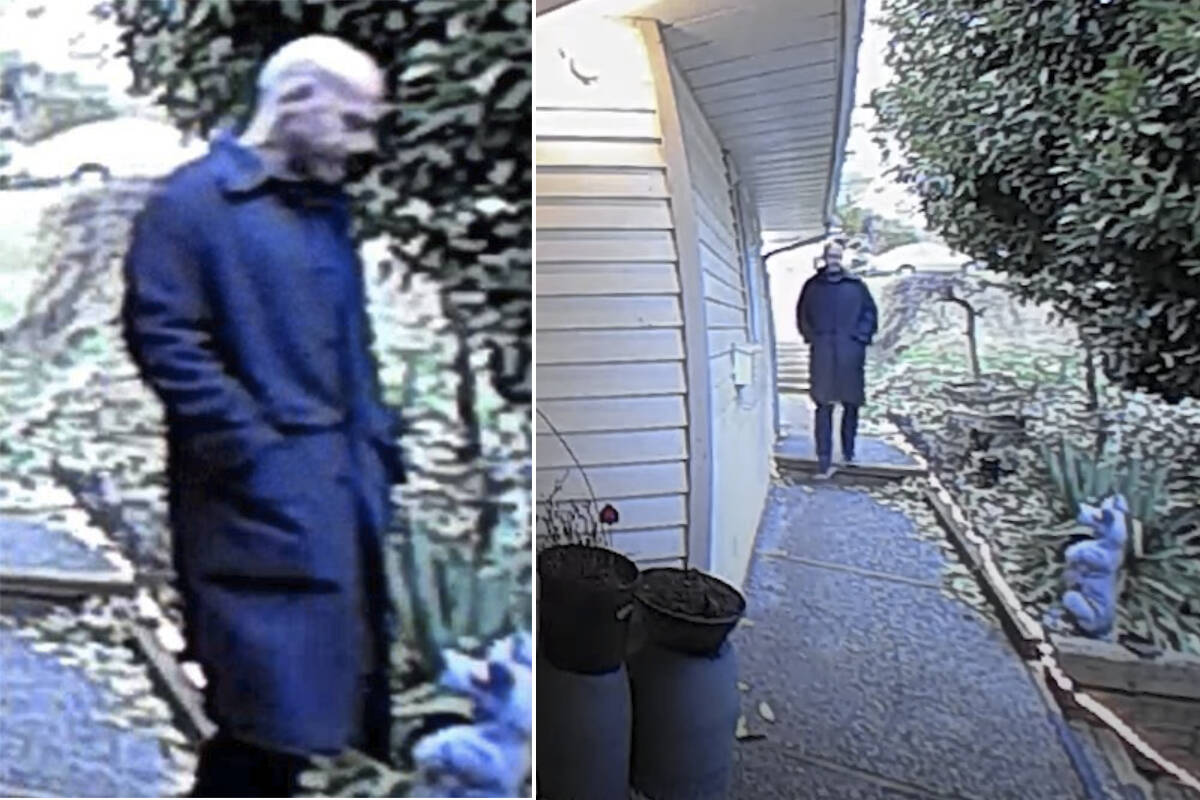 Coquitlam RCMP are searching for a man captured on surveillance footage entering a home near Dawes Hill Road and Warrick Street on March 6, where one resident was assaulted. (Coquitlam RCMP handouts)