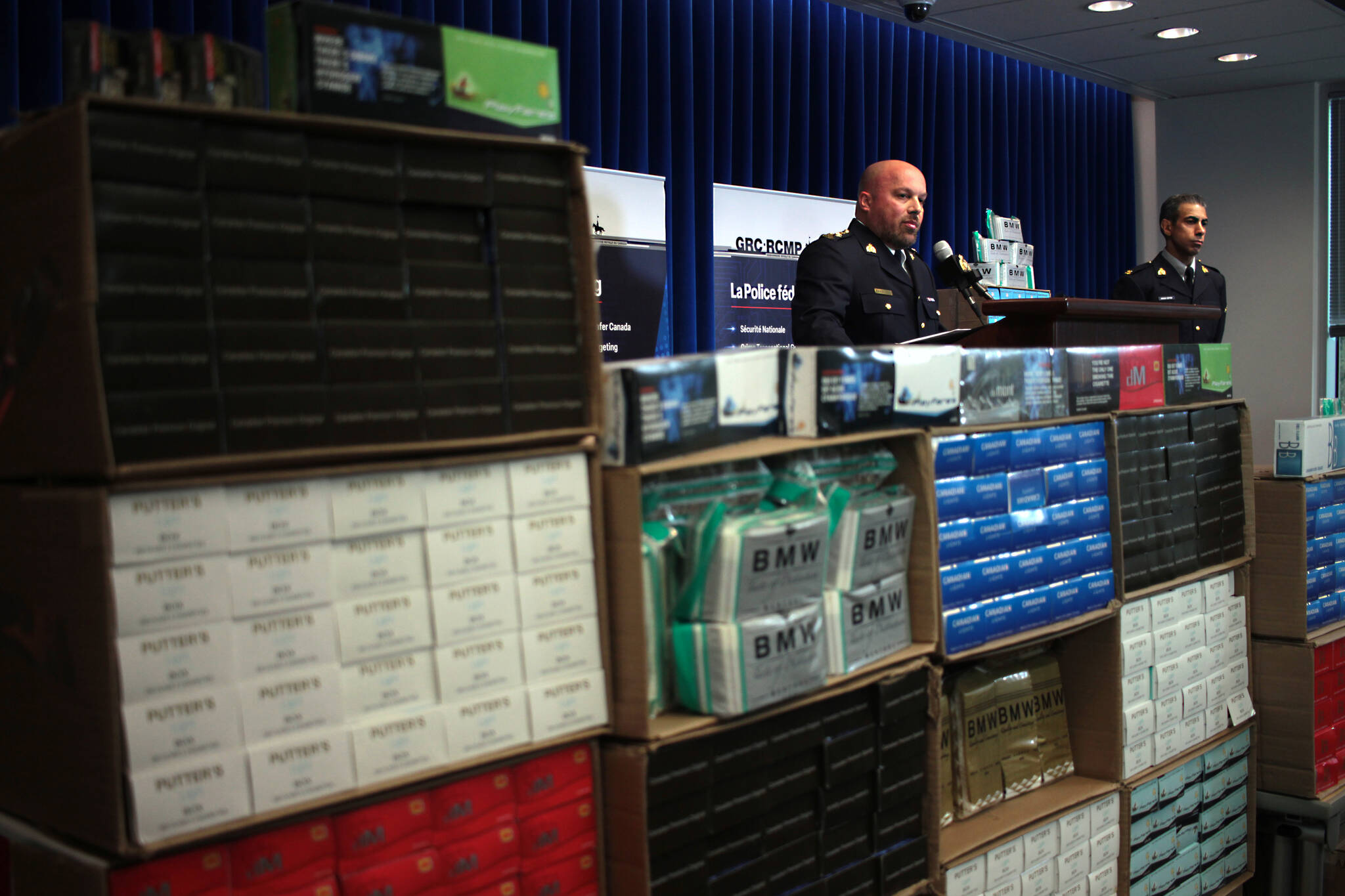 Assistant Commissioner David Teboul, the Pacific Regional Commander of the federal RCMP, speaks during a news conference at BC RCMP headquarters in Surrey on March 8, 2024. Police announced the seizure of 27 tonnes of contraband cigarettes. (Lauren Collins)