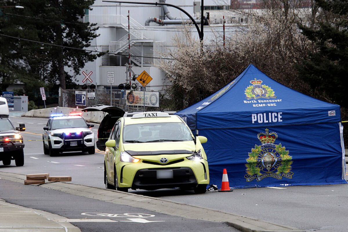 A taxi hit and killed a pedestrian in North Vancouver in the early hours of Saturday (March 9, 2024). (Shane MacKichan)