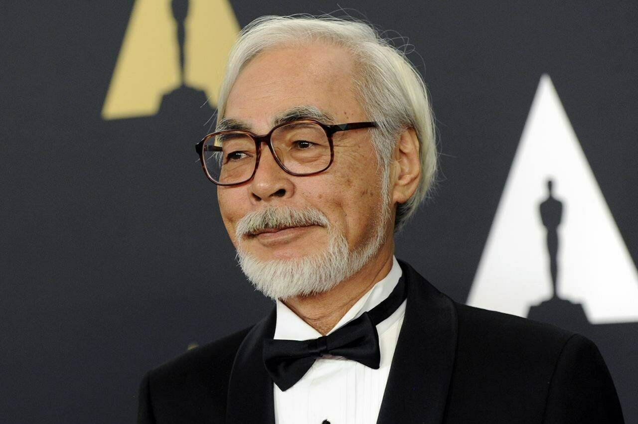 FILE - In this Nov. 8, 2014, file photo, Hayao Miyazaki arrives at the 6th annual Governors Awards in Los Angeles. Miyazaki’s “The Boy and Heron,” is nominated for best animated feature. (Photo by Chris Pizzello/Invision/AP, File)