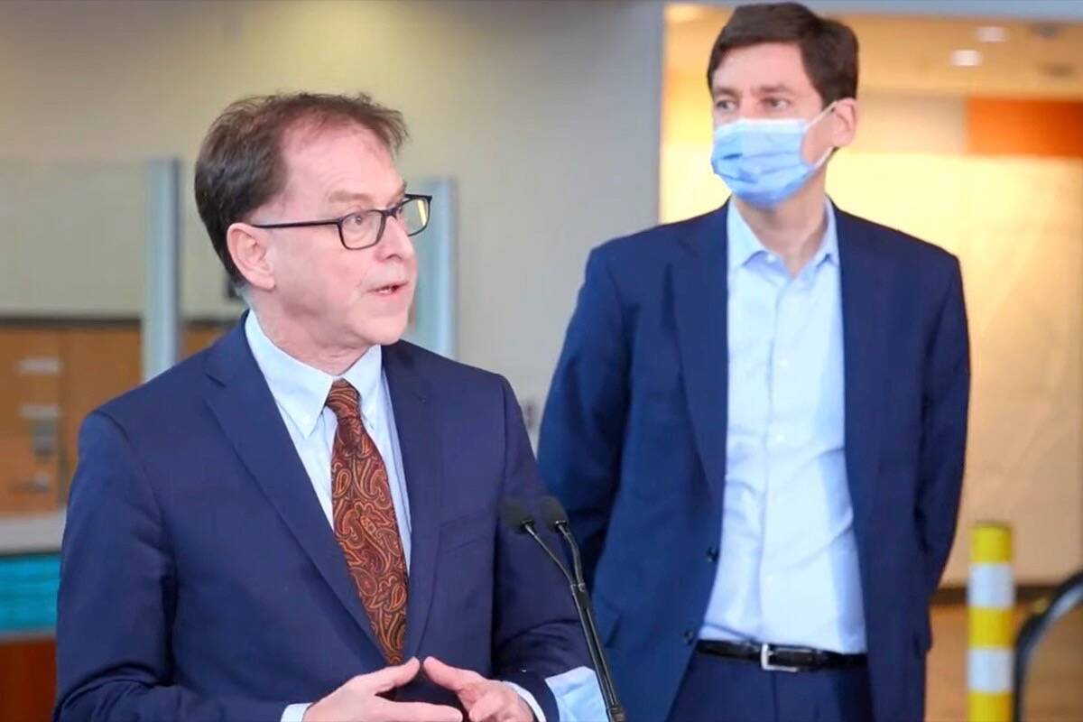 Health Minister Adrian Dix and Premier David Eby announcing new acute care tower for Surrey Memorial Hospital on Monday, March 11. (Screen shot)