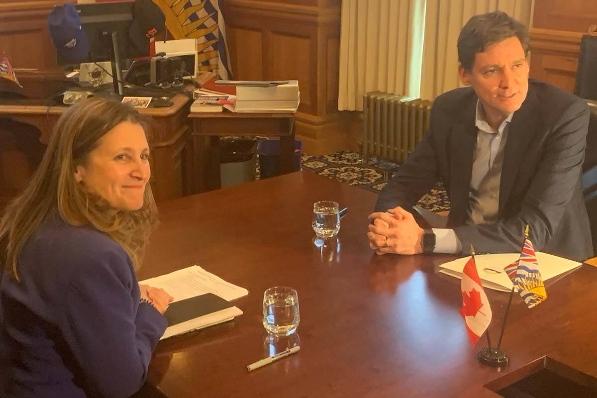 Premier David Eby met with Canada’s Deputy Prime Minister and Finance Minister Chrystia Freeland Monday afternoon prior to next month’s federal budget. (Wolf Depner/News Staff)