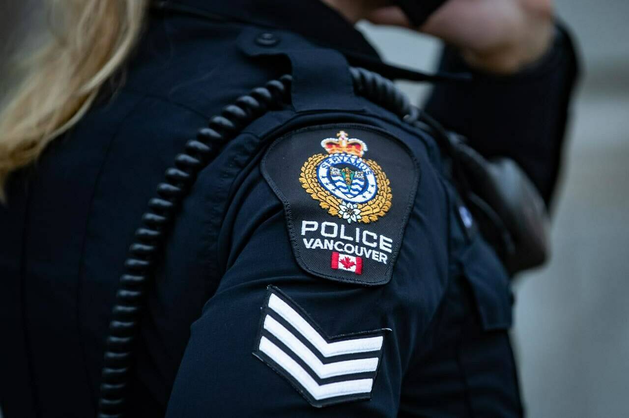 A Vancouver Police Department patch is seen on an officer’s uniform in the Downtown Eastside of Vancouver on January 9, 2021. THE CANADIAN PRESS/Darryl Dyck