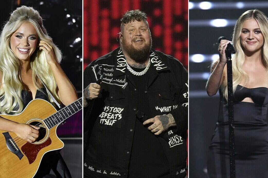 This combination of photos shows country music stars Megan Moroney, left, performing April 2, 2023, in Austin, Texas, Jelly Roll performing Feb. 2, 2024, in Los Angeles, center, and Kelsea Ballerini performing Sept. 11, 2023, in Newark, N.J. (AP Photo)