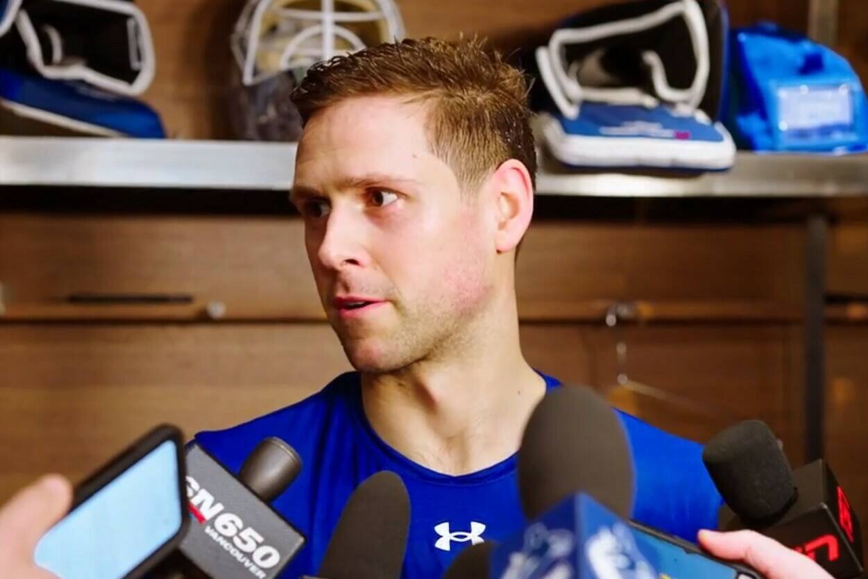 Vancouver Canucks goalie Casey DeSmith meets with reporters after practice at Rogers Arena on Tuesday. DeSmith will get the bulk of the playing time for the next three to four weeks with Thatcher Demko sidelined. Vancouver Canucks photo