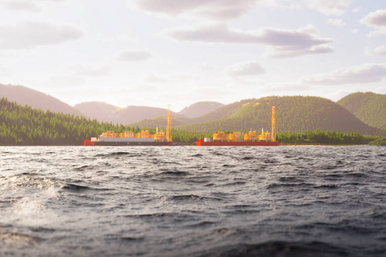 An artist’s rendition of the proposed Ksi Lisims LNG floating facility. Representatives for the prospective project say the remote nature of the plan would mitigate social and environmental concerns. (Illustration courtesy of Ksi Lisims LNG)