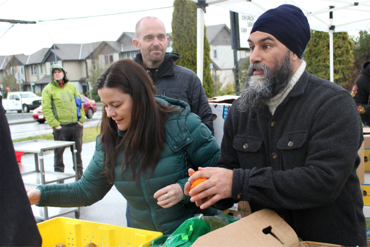 Lisa Marie Barron, Nanaimo-Ladysmith MP, and Jagmeet Singh, federal NDP party leader, recently visited Nanaimo’s Loaves and Fishes Community Food Bank. Singh said B.C. is an example of what can be achieved elsewhere in Canada. (Karl Yu/News Bulletin)