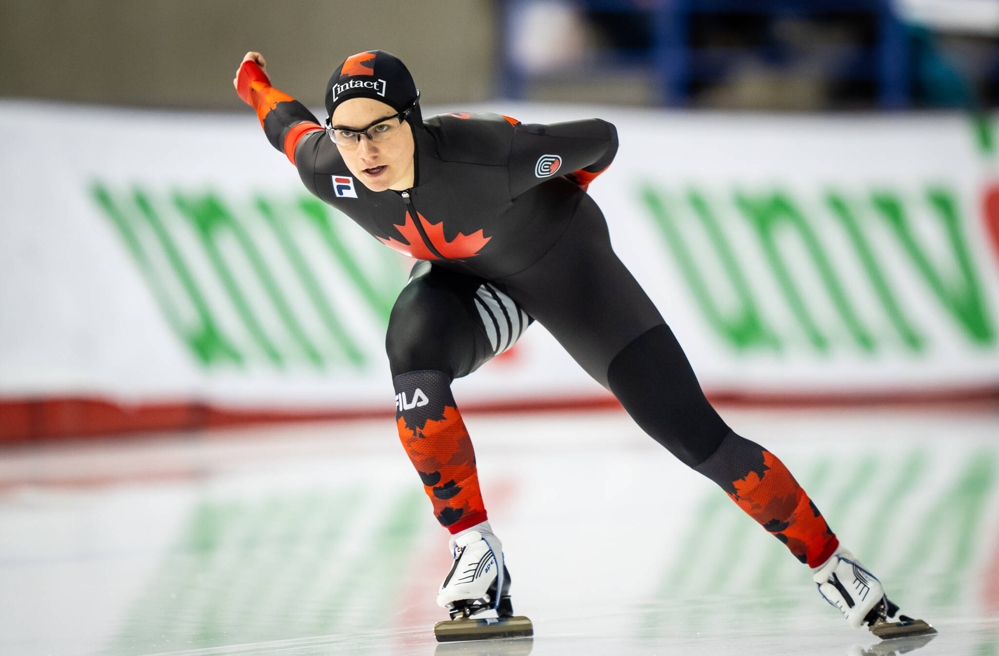 Alison Desmarais, of Vanderhoof, BC, skates in the women’s 1000m during the ISU World Speed Skating Single Distances Championships at the Olympic Oval in Calgary, Alberta on February 17, 2024. (Photo: Dave Holland/Speed Skating Canada)