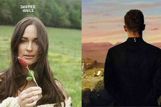 This combination of album covers shows, from left, “Deeper Well” by Kacey Musgraves,” and Everything I Thought It Was” by Justin Timberlake. (BMG/Interscope/RCA via AP)