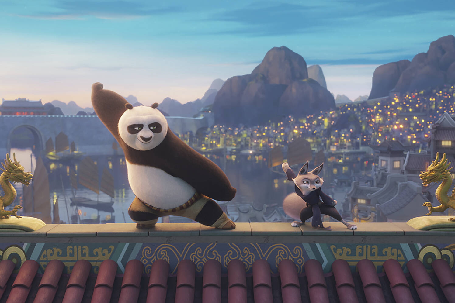 This image released by Universal Pictures shows characters Po, voiced by Jack Black, left, and Zhen, voiced by Awkwafina, in a scene from DreamWorks Animation’s “Kung Fu Panda 4.” (DreamWorks Animation/Universal Pictures via AP)