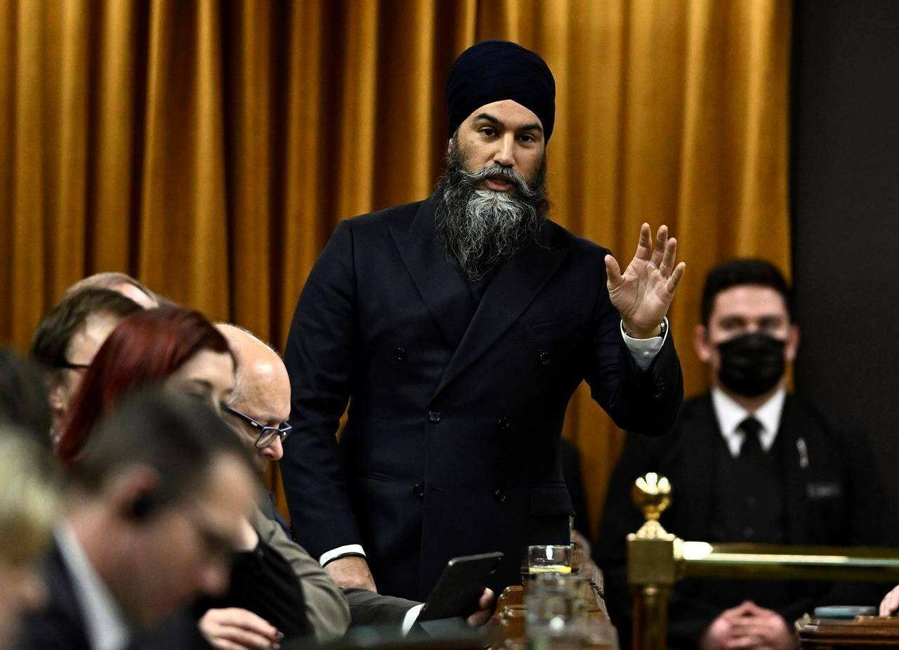 NDP Leader Jagmeet Singh rises during Question Period in the House of Commons on Parliament Hill in Ottawa on Thursday, Feb. 29, 2024. Members of Parliament are set to vote today on a motion from the New Democrats calling on Prime Minister Justin Trudeau’s government to “officially recognize the State of Palestine.” THE CANADIAN PRESS/Justin Tang