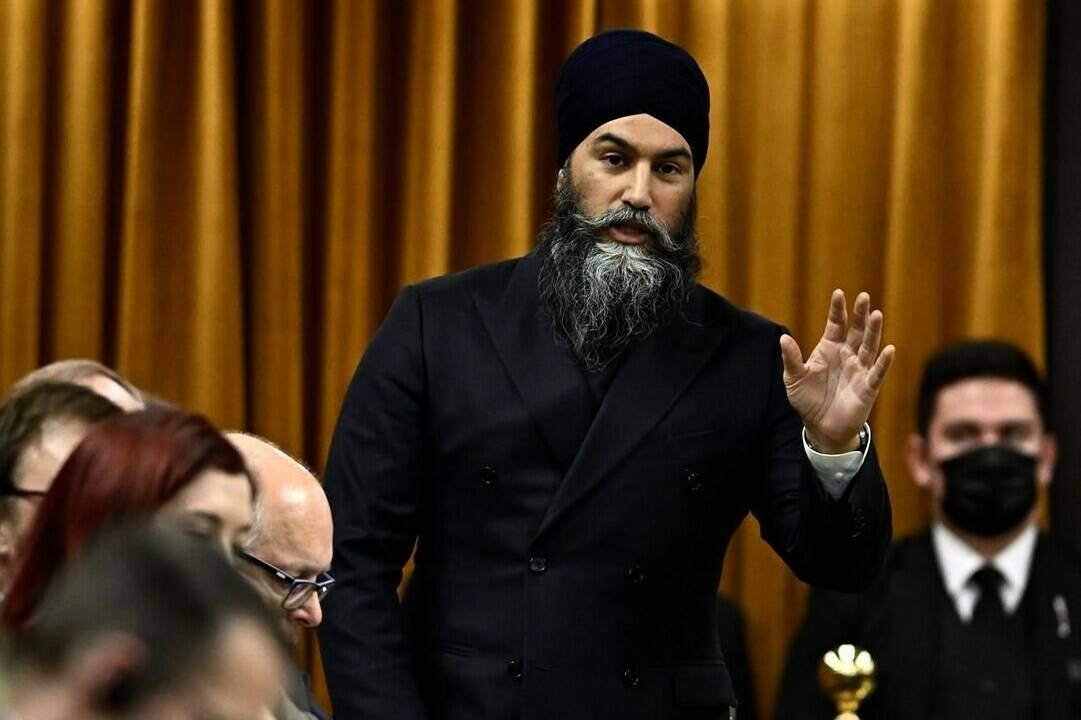 NDP Leader Jagmeet Singh rises during Question Period in the House of Commons on Parliament Hill in Ottawa on Thursday, Feb. 29, 2024. Members of Parliament are set to vote today on a motion from the New Democrats calling on Prime Minister Justin Trudeau’s government to “officially recognize the State of Palestine.” THE CANADIAN PRESS/Justin Tang