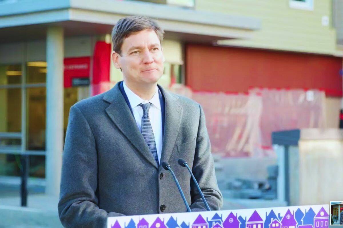 Premier David Eby spoke to the media at a press conference in Surrey on March 19. 2024. (Screenshot)