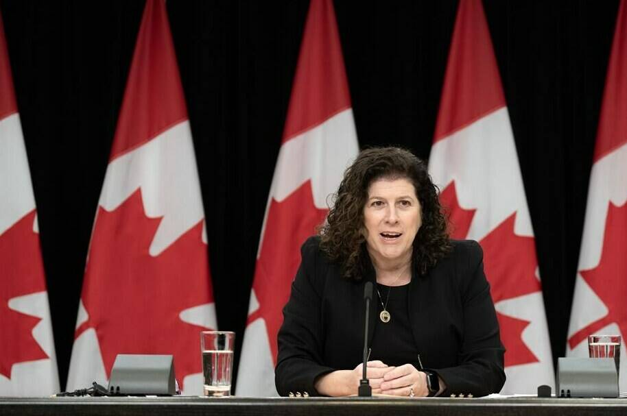 Auditor general Karen Hogan speaks during a news conference, Monday, February 12, 2024 in Ottawa. THE CANADIAN PRESS/Adrian Wyld