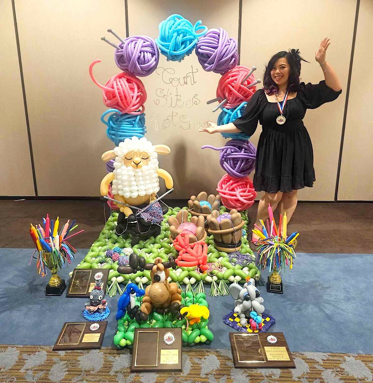 Surrey-based balloon artist Kristal Yee with her winning creations at the 2024 Twist & Shout convention in Chicago. (Contributed photo)